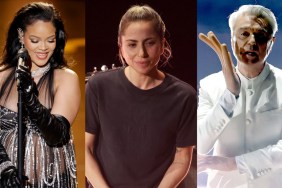 Rihanna, Lady Gaga and David Byrne performing at the 95th Oscars